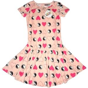Dot Smile Girls Sz 8 10 Pink Yin-Yang Heart Flapper Dress Short Sleeve Peace NWT